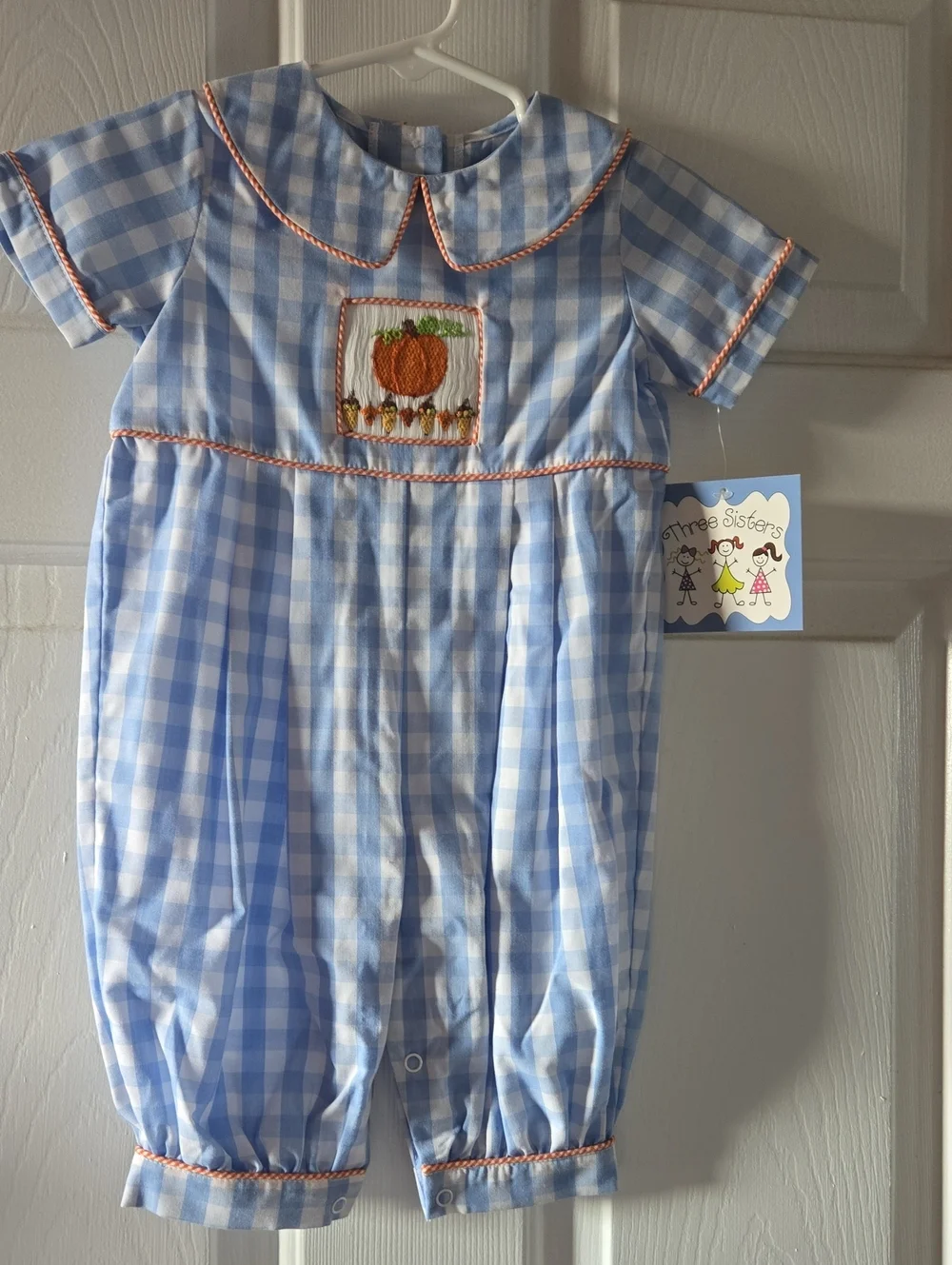 Three Sisters Light Blue Gingham Pumpkin Embroidered Baby One-Piece